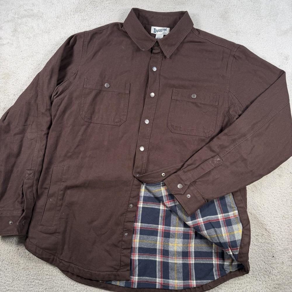 Duluth Trading Shacket Mens XLT Brown Flannel Lined Canvas Fire Hose Work Jacket